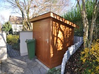 Gartenhaus mit Pultdach Elementbauweise werkseitig lasiert in Ton Nussbaum